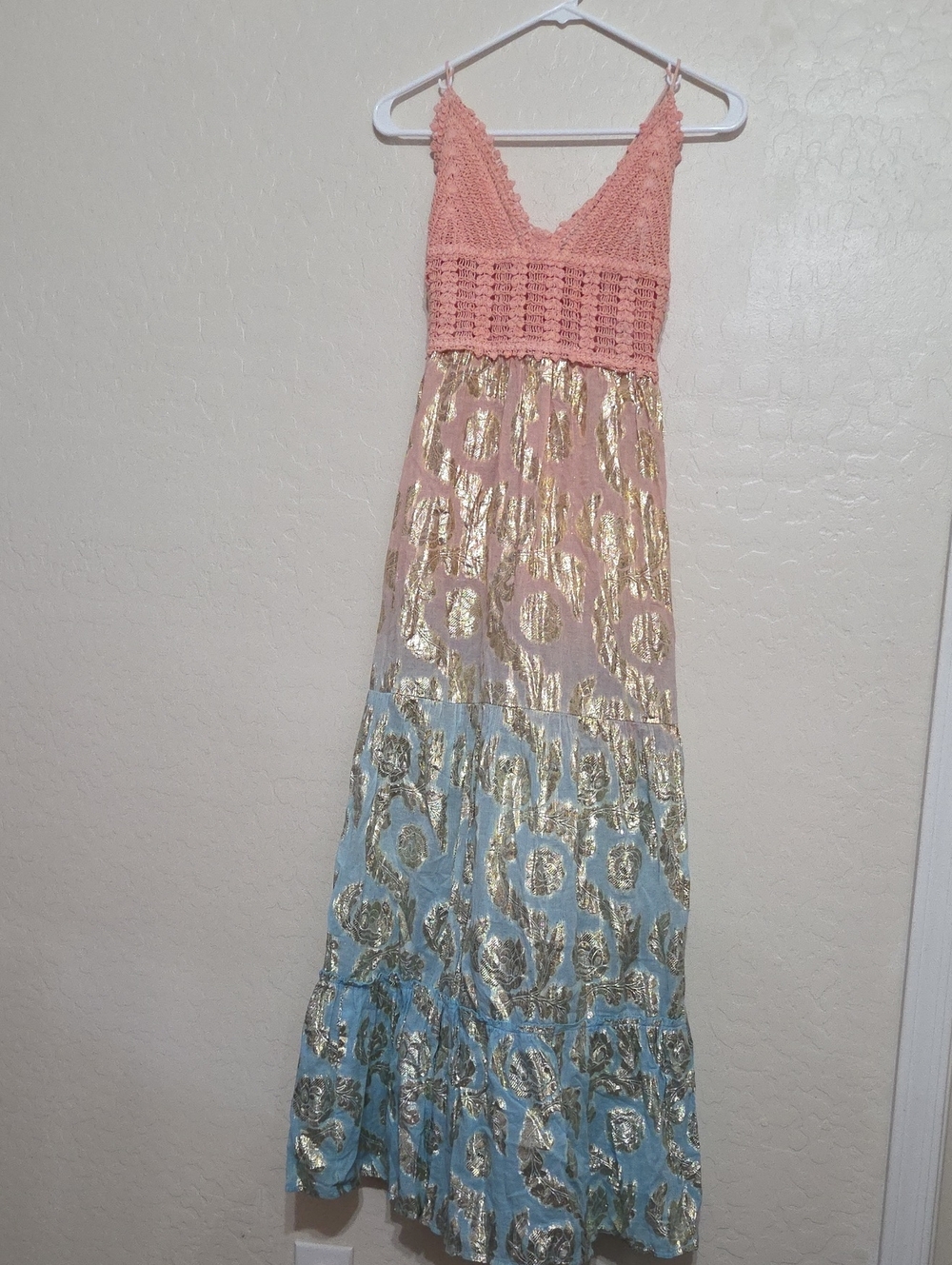 Rhea Costa Coral Pink Crochet Top Maxi Dress with Gold Accents and Blue Skirt